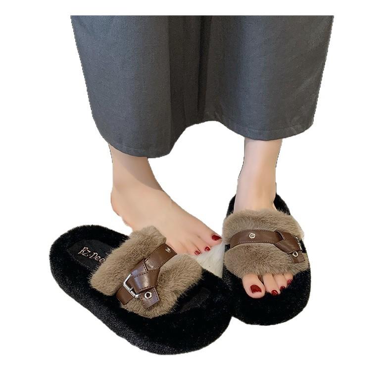 5 Cm One-word Fluffy Slippers Female 2025 Spring and Autumn Internet Celebrity Explosion Fashion High-end Cotton Drag Heightening Muffin Thick Bottom