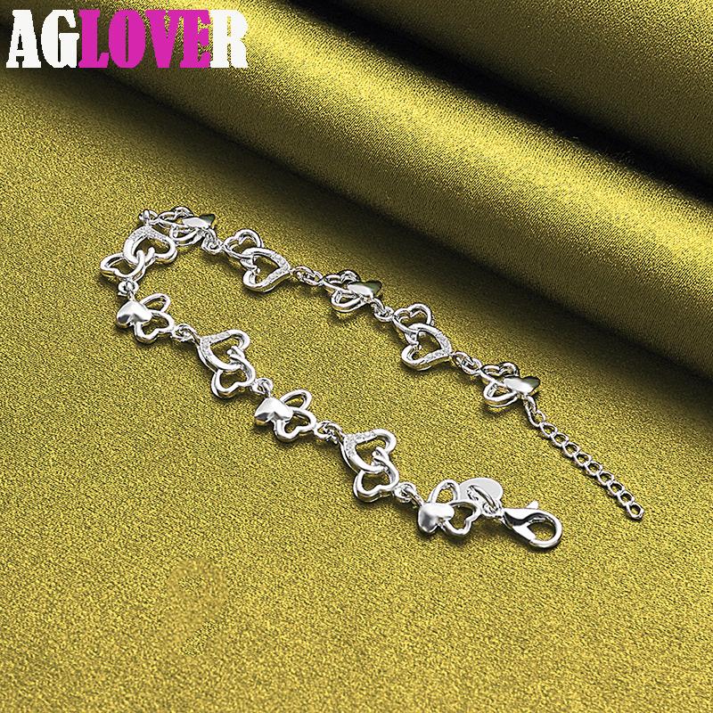 925 Sterling Silver FULL Heart AAA Zircon Chain Bracelet Jewelry