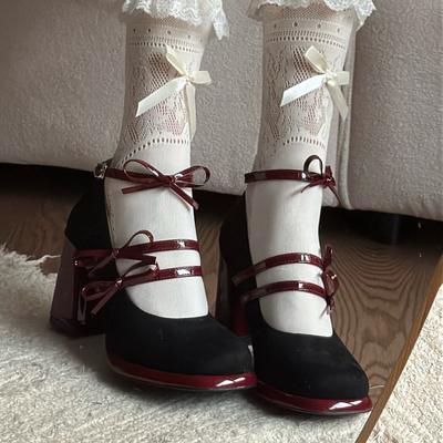 Designer Luxus Frühling Dicke Ferse Damen Mary Jane Schuhe Schmetterlingsknoten Schnalle Riemen Schuhe Damen Elegant Tanzparty Pumps