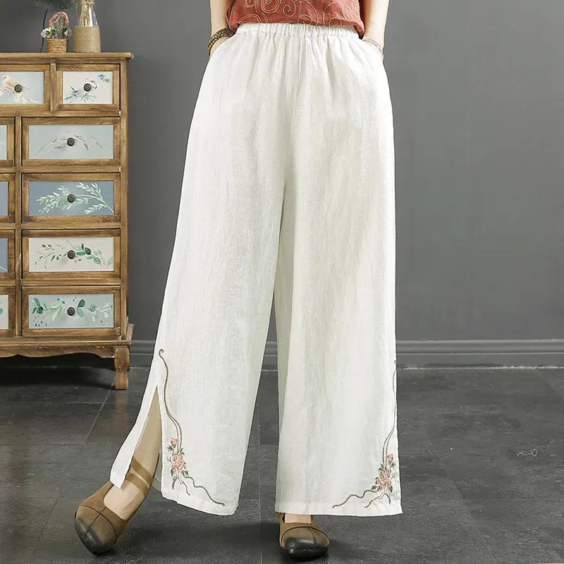 Women Pants Cotton Summer Elastic Waist Loose Casual Embroidery Solid Color Comfortable Soft Pants