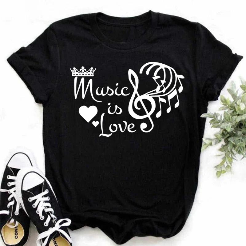 Damen T-Shirt Musik Oberteile Kurzarm Schwarz T-Shirt Damen Lässig Neu Harajuku Lustig Musiknote Kunst T-Shirt Mode