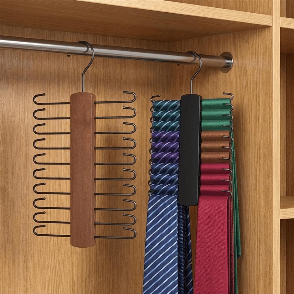360° Rotating Wooden Tie Rack Space Saving Belt Storage Hanger Tie Storage Rack Men