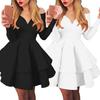 Elegant Women Long Sleeve V Neck Off Shoulder Large Swing Ruffled Hem Mini Dress