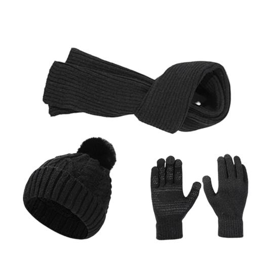 3Pcs/Set Winter Hat Scarf Gloves Set Solid Color Windproof Plush Ball Hat Neck Warmer Touch Screen Gloves Set