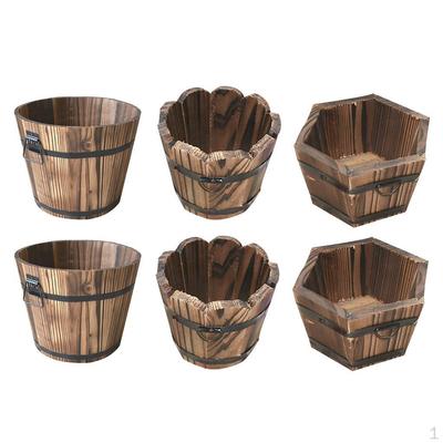 6x Solid Wood Carbonized Flowerpot Wooden Bucket Barrel Planters Rustic Patio Flower