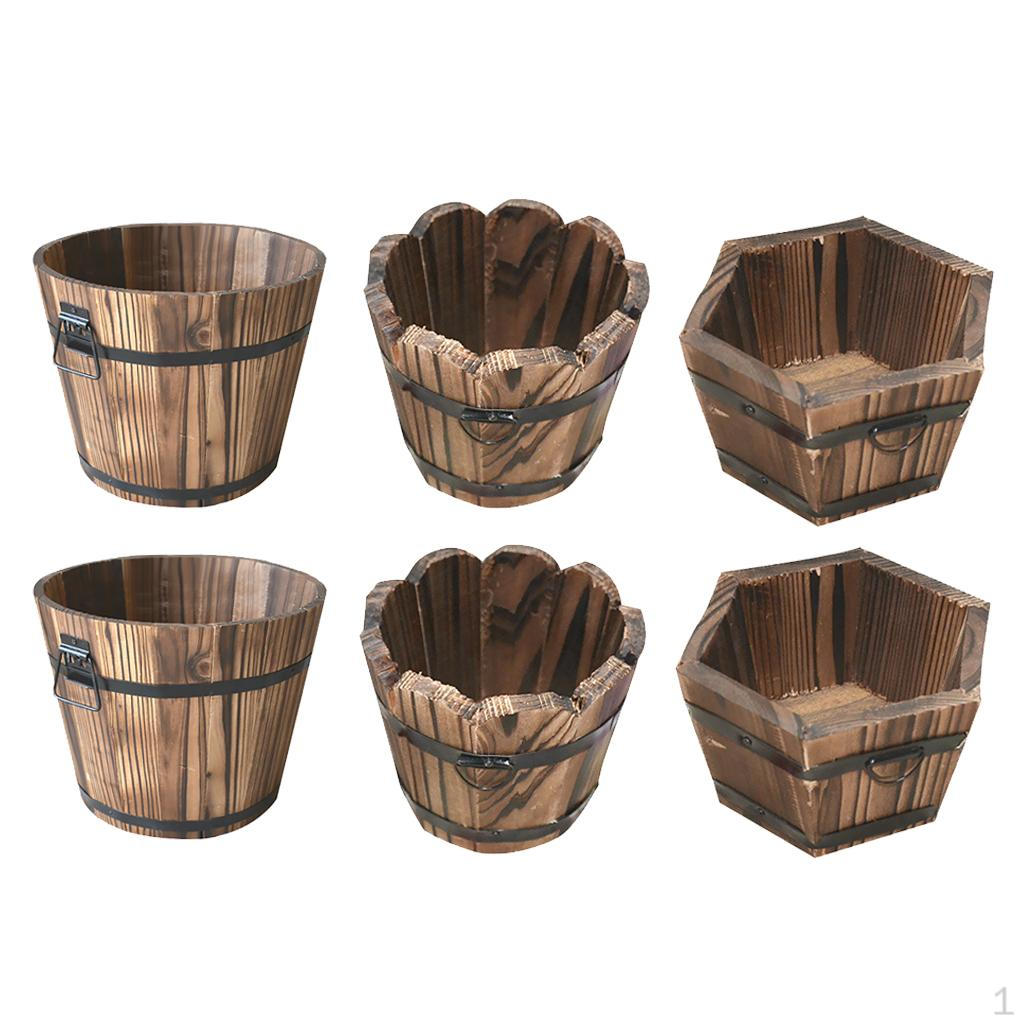 

6x Кашпо из обугленного дерева, Деревянное ведро, Бочка, Плантаторы, Рустикальное патио, Цветок