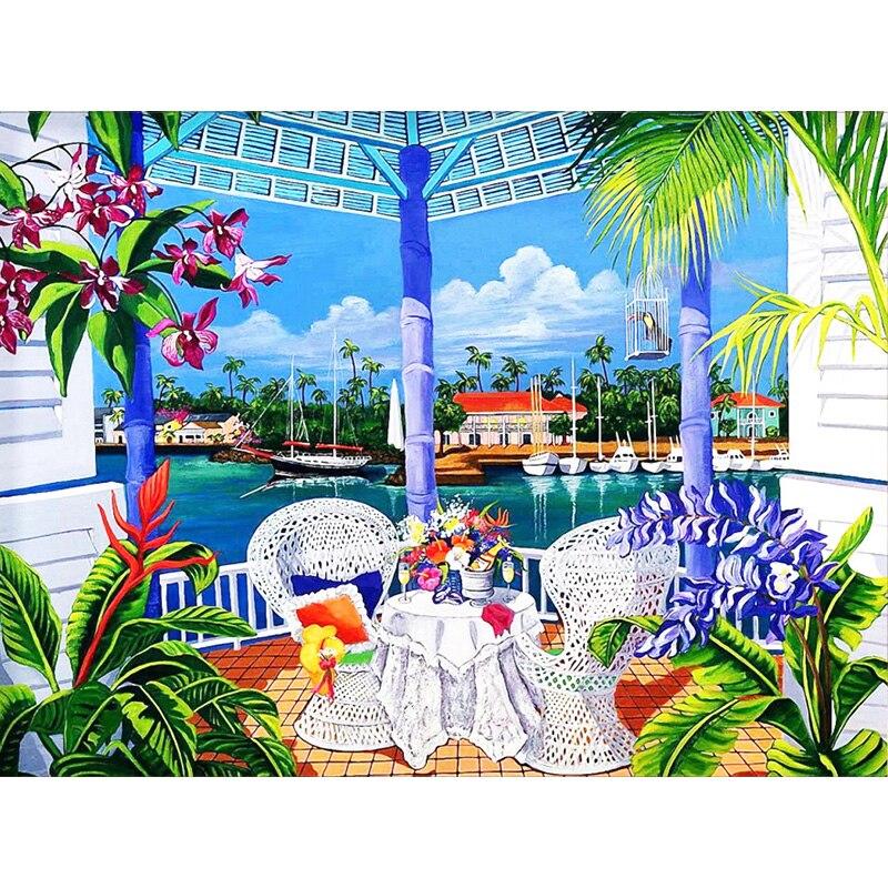 DIY 5D diamantová malba letní dovolená Diamantová mozaika Sady křížkového stehu Domácí dekorace Kulaté diamantové vyšívání