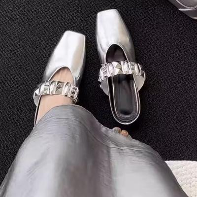 Fashion Wedge Cool Mopping Summer New Square-toe Shallow-mouth Metal Buckle One-band Non-slip Wear-resistant Kitten Heel Shoes