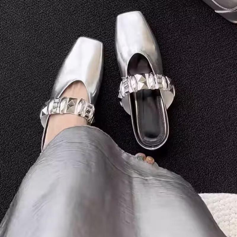 Fashion Wedge Cool Mopping Summer New Square-toe Shallow-mouth Metal Buckle One-band Non-slip Wear-resistant Kitten Heel Shoes