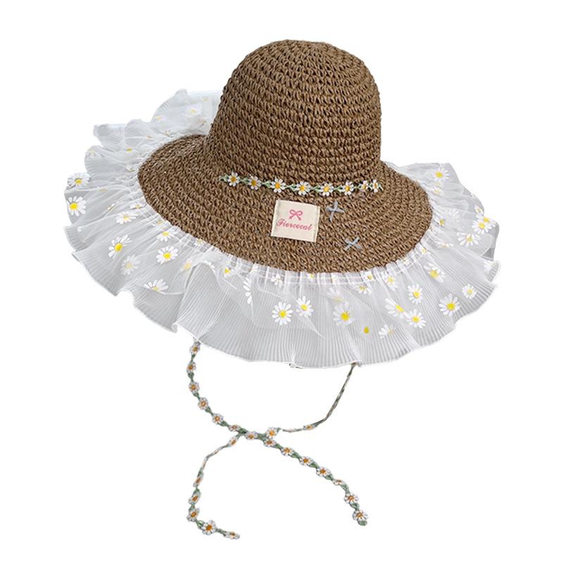 New small daisy lace straw hat women's spring and summer oversized brim sunshade sunscreen hat seaside vacation sun hat