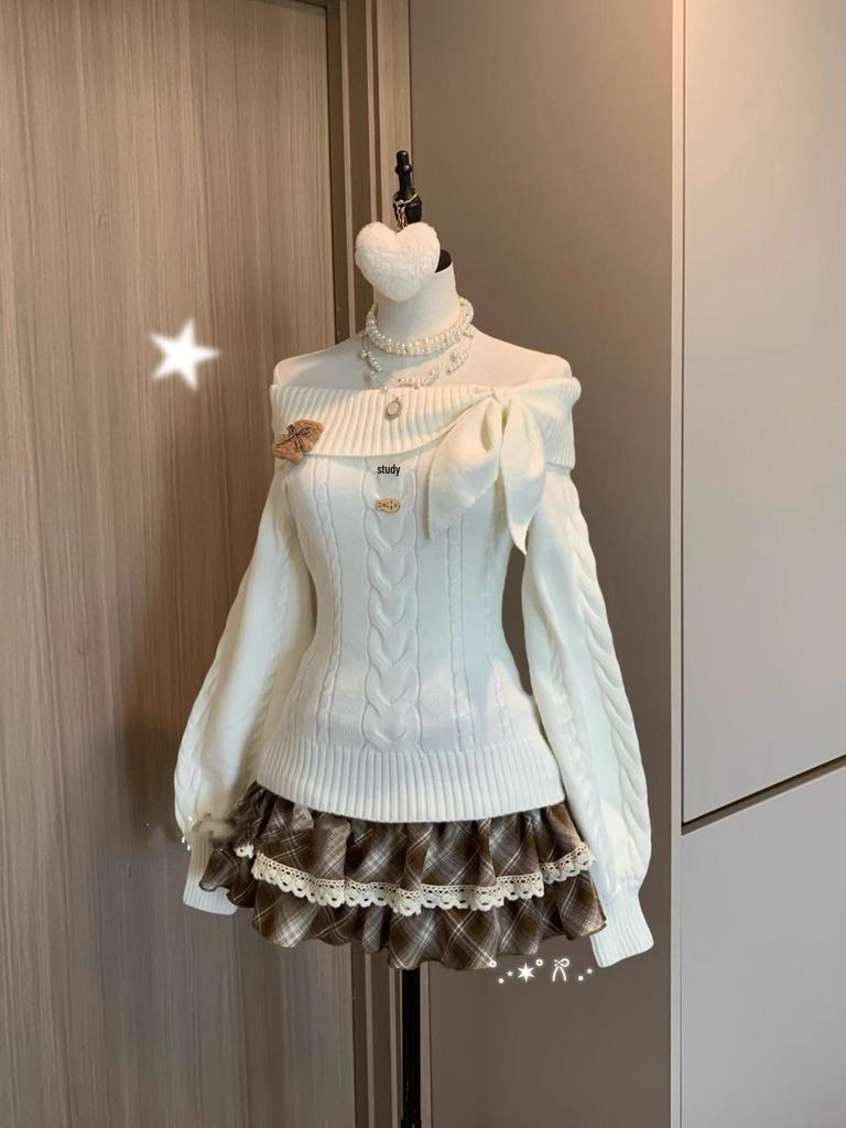 Women's Retro One-Shoulder Rabbit Ear Sweater - Long Sleeve, Round Neck, Autumn/Winter Knitwear