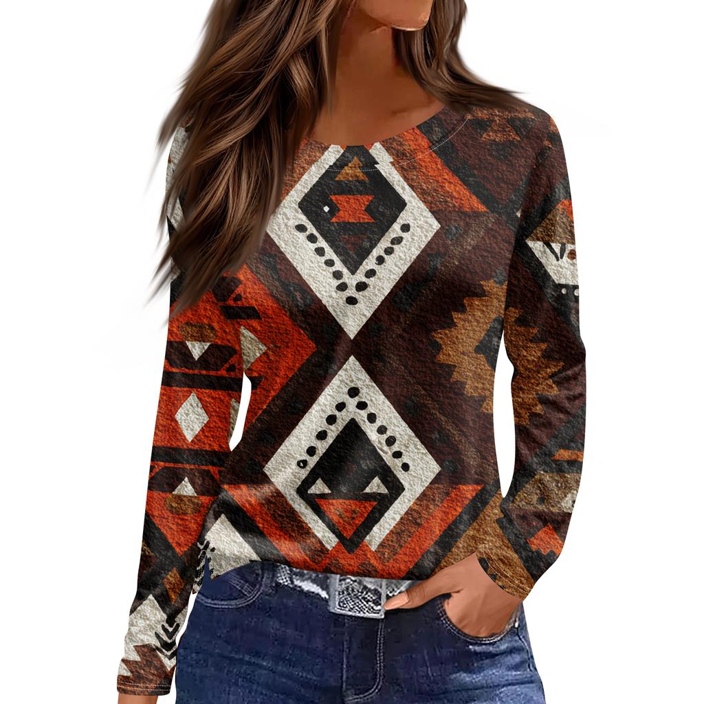 Women's Fashion Hem Slit Casual Retro Floral Print Round Neck Long Sleeve Top