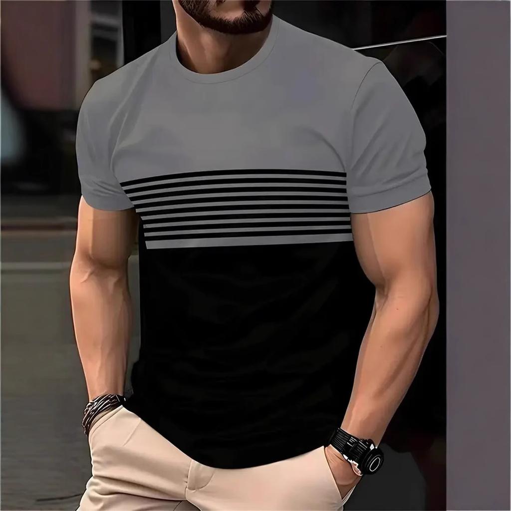 Summer Round Neck Color - Block & Striped 3D Print Top Fashionable Casual Short Sleeved Men's T-shirts
