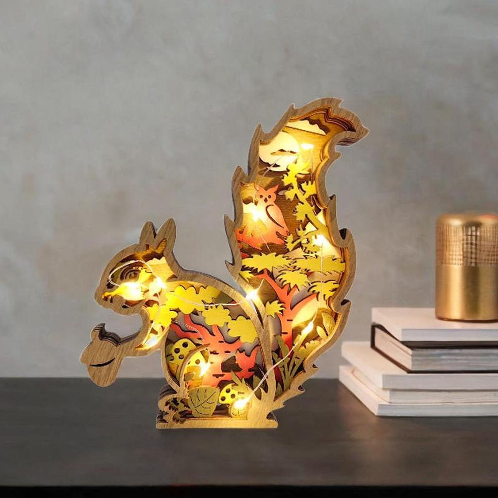 3D Wood Carving Squirrel Lamp Sturdy Creative Cute Delicate Hollow Squirrel Decoration for Gift Bookshelf Office Friend Birthday
