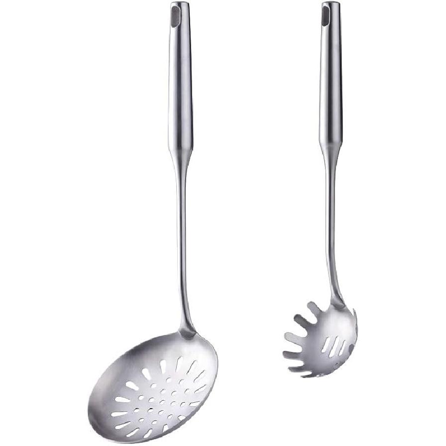 1 Solid Spoon 1 Slotted Spoon Stainless Steel, BUY&USE 2 Pcs Durable Cooking Utensil, 15 Inches Long Handle Serving Spoon 2 Pcs Rice Spoons