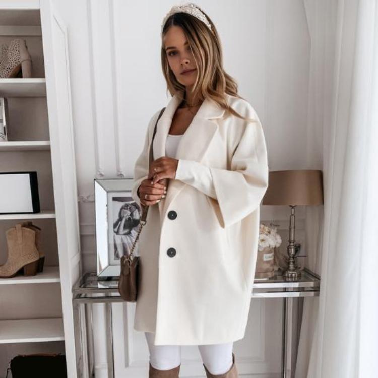 Winter Thermal Overcoat Women Double Breasted Thickened Loose Fit Coat Turn Down Collar Solid Color Pockets Three Quarter Sleeve Commuting Dating