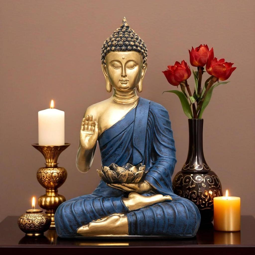 New Sitting Buddha Statue Showpiece Idol Home Decor Items for Living Room and Gifts (Blue Golden)