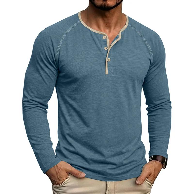 Spring Autumn Men's Cotton Henry Collar T-Shirts American Style Fashion Smart Casual Tees Tops Men Patchwork Breathable Tshirt