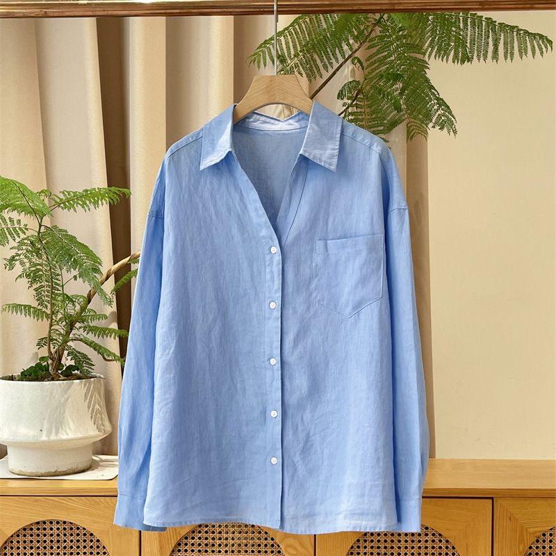 

French style Ramie Flip V-neck Long sleeve Shirts Women Summer Thin Loose Design Sense Niche Shirt Outdoor Sun Protection Top Blue One size