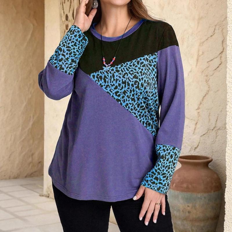 2026 Spring and Autumn New Fashion Trend for Women: Leopard Print Patchwork Round Neck Casual Long Sleeve