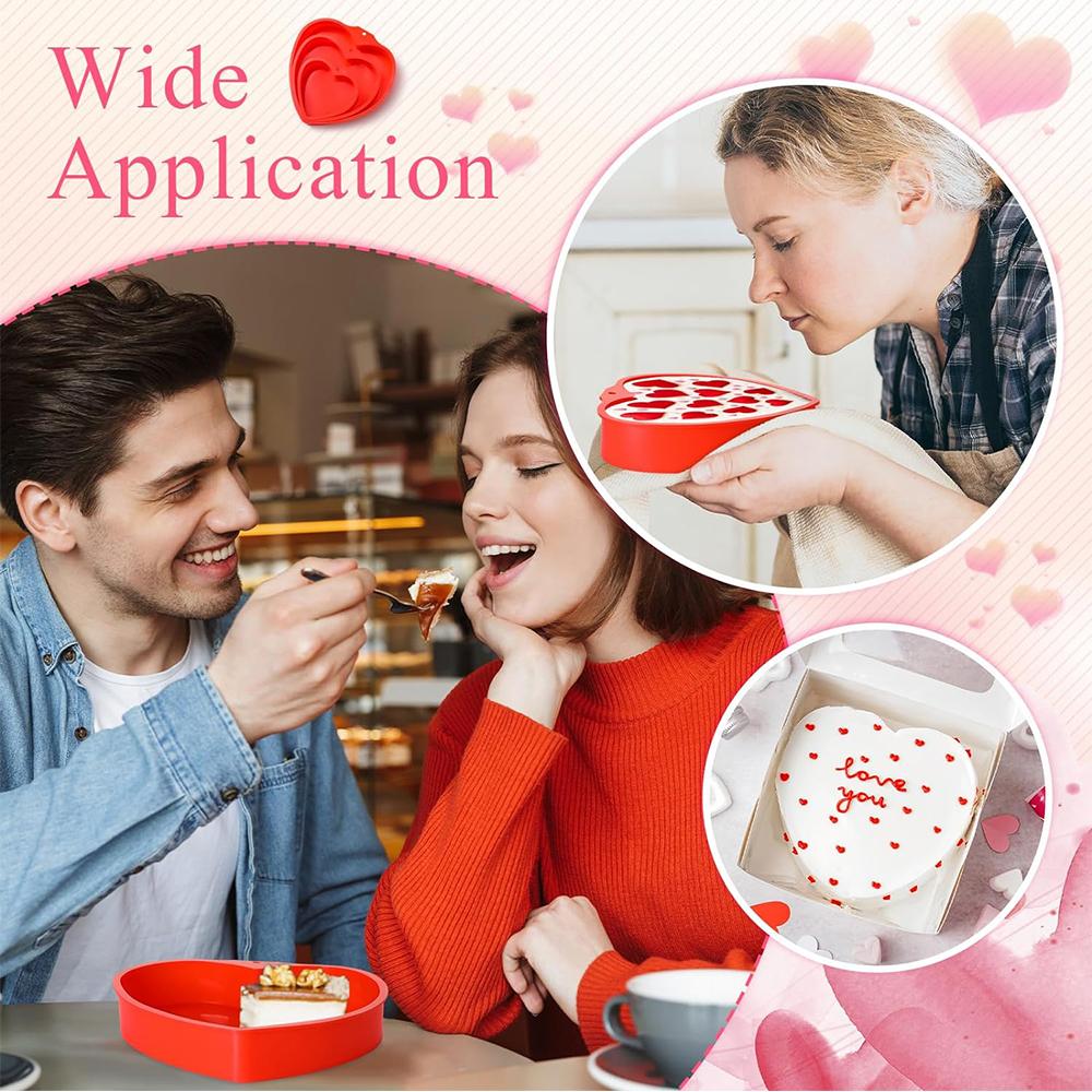 3Pcs Distinct Sizes Red Heart Shaped Cake Pans Reusable Nonstick Silicone Molds
