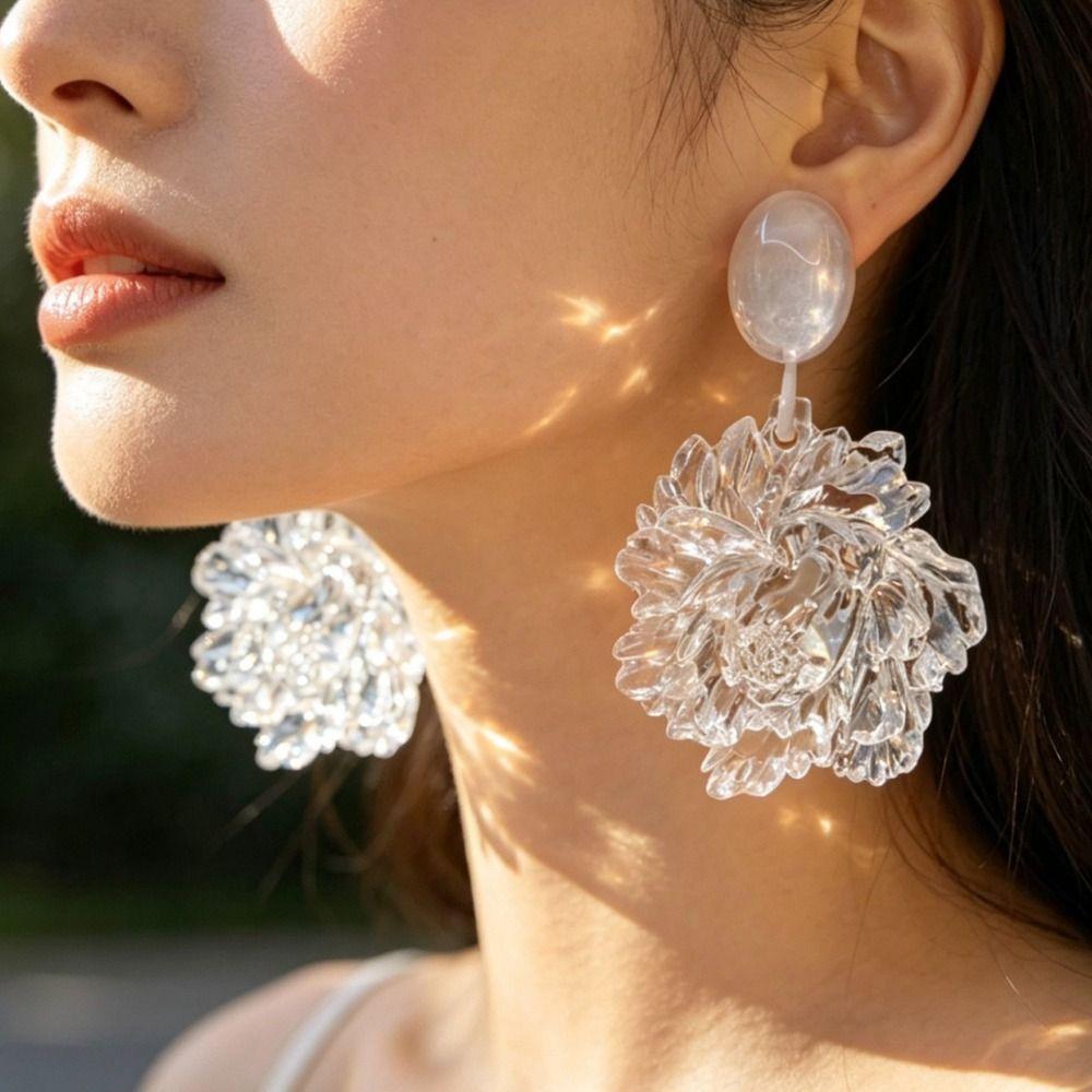 3D Flower Flower Dangle Earring Clear White Statement Earring New Camellia Flower Earring Women
