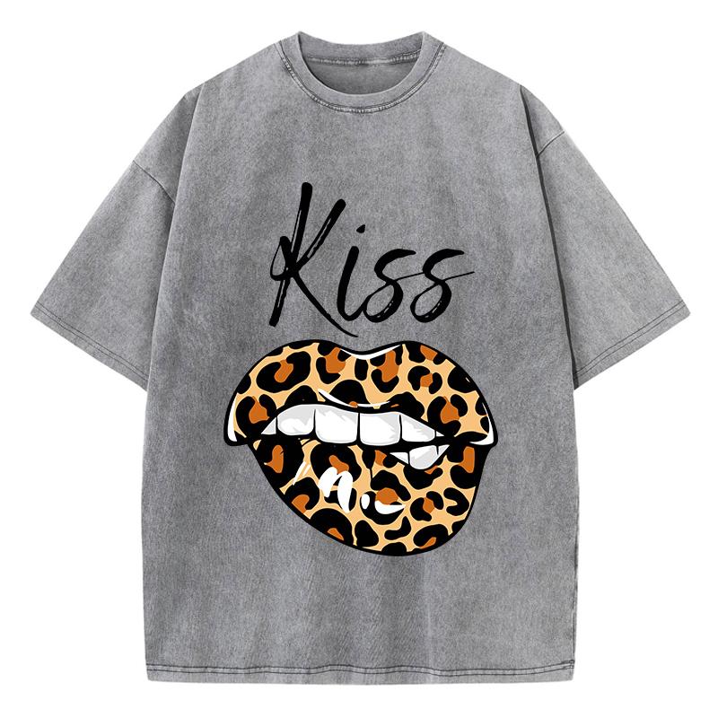 LeopardPrint Lips Kiss Prints Washed T Shirt Women Cotton Streetwear Distressed ONeck Comfortable Tops Summer Womans Clothes
