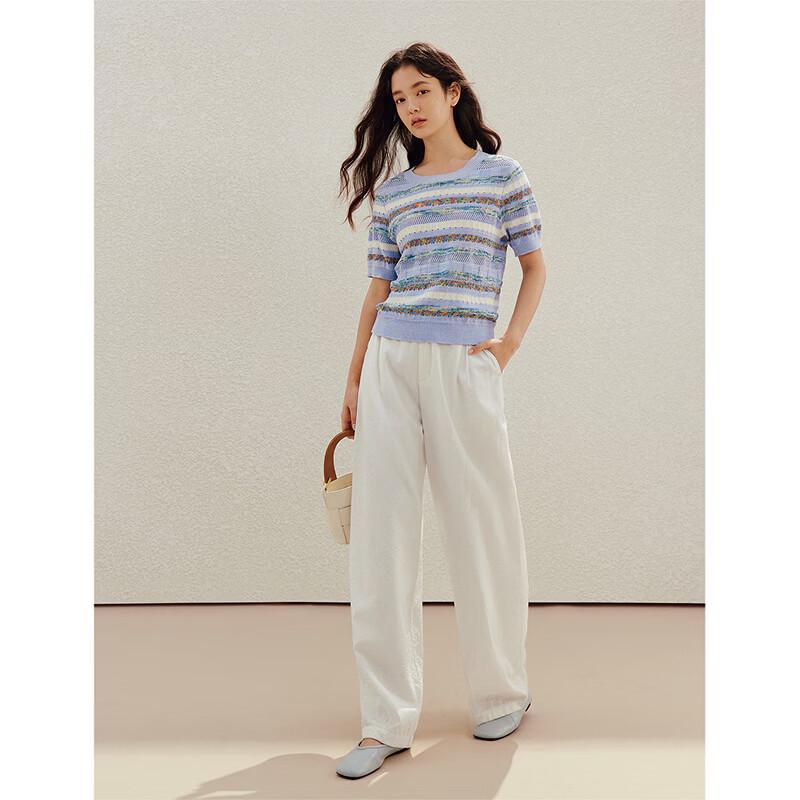 INMAN Striped Mesh Hollow Out Short Sleeve Knit Top
