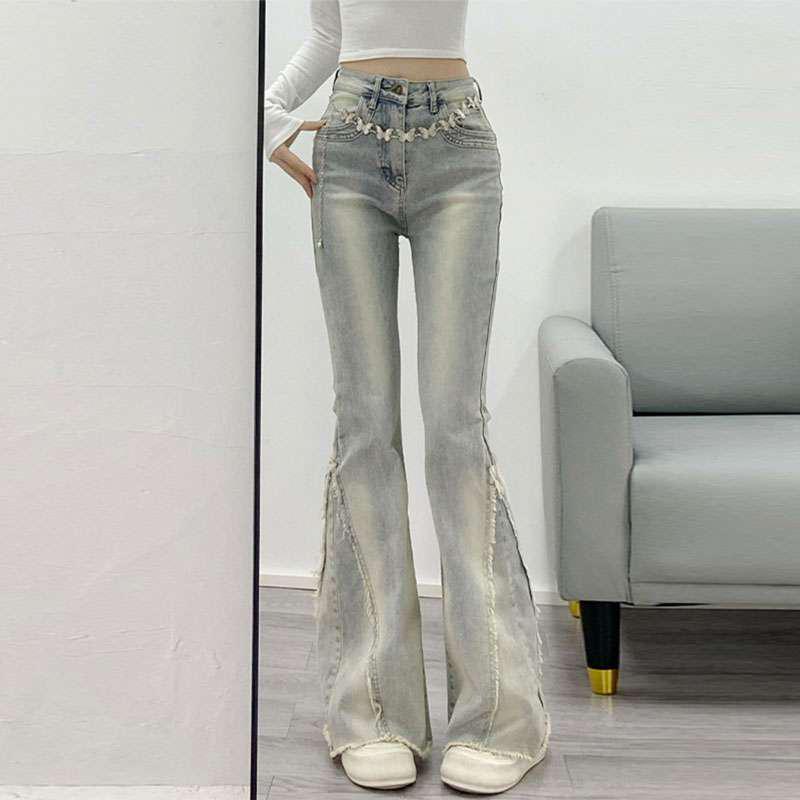 Women s Spicy Retro High-Waisted Micro-Flare Patchwork Jeans with Raw Hem L