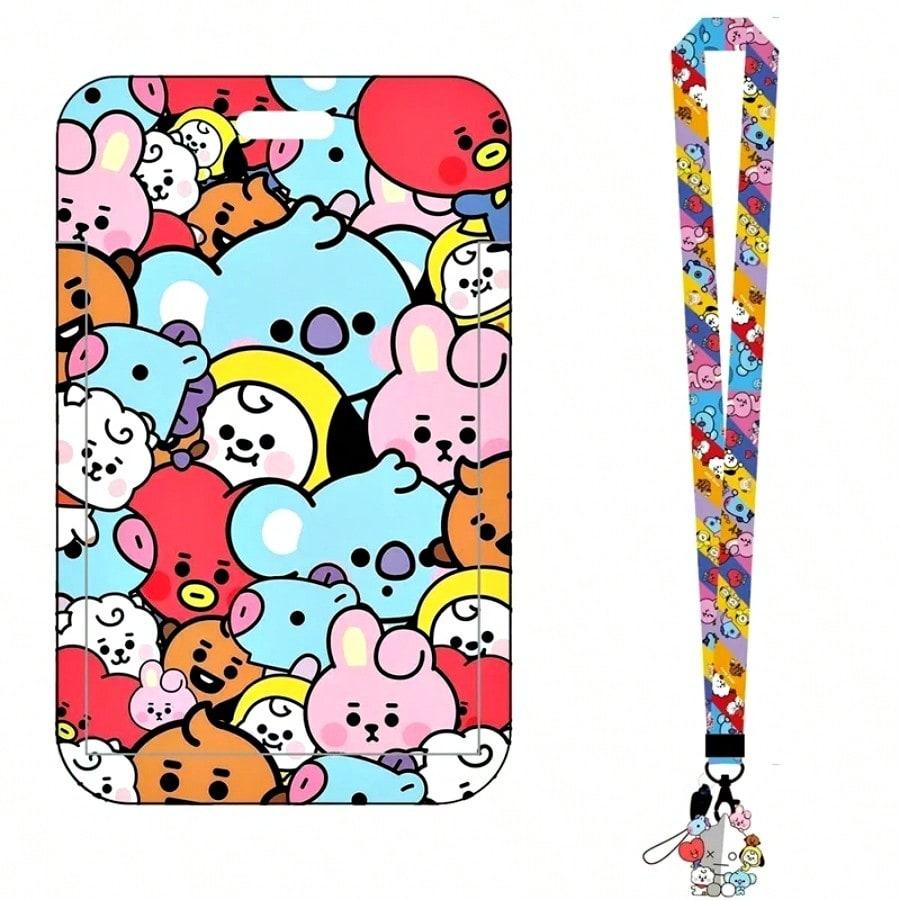 

LINE FRIENDS BT21 Kpop Anime Cartoon Lanyard Key Ring with ABS Card Holder for Meal Cards Transit Cards and ID Cards