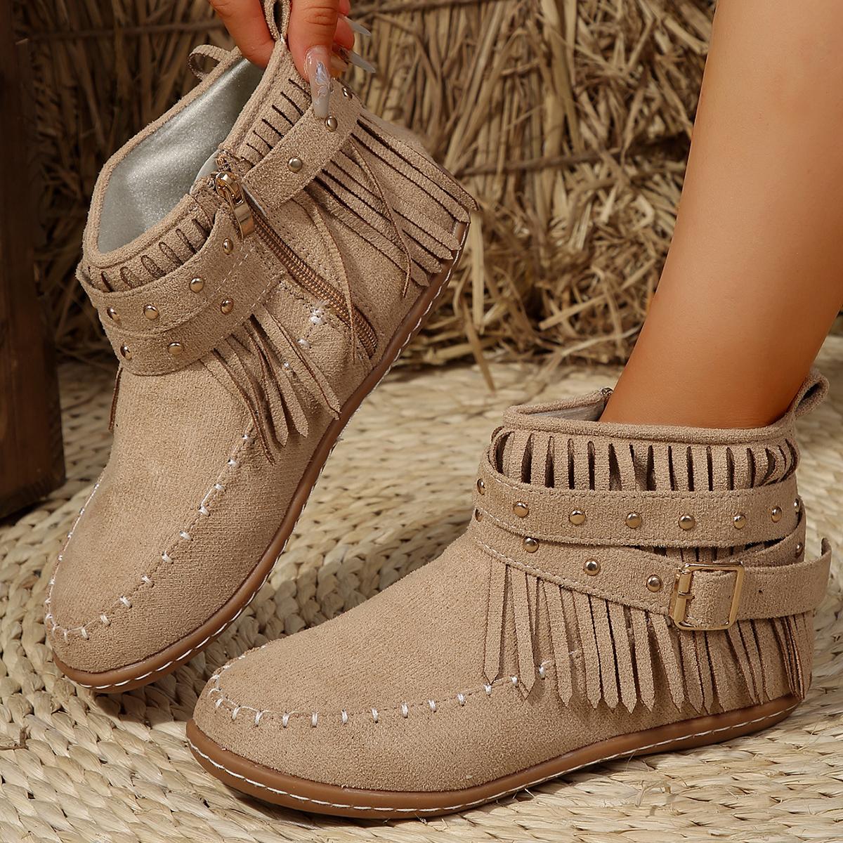 

Модные ботильоны в стиле вестерн с заклепками, женские осенние новые ковбойские сапоги из искусственной замши с пряжкой, женские ковбойские сапоги большого размера 43 на плоской подошве 36 бежевый