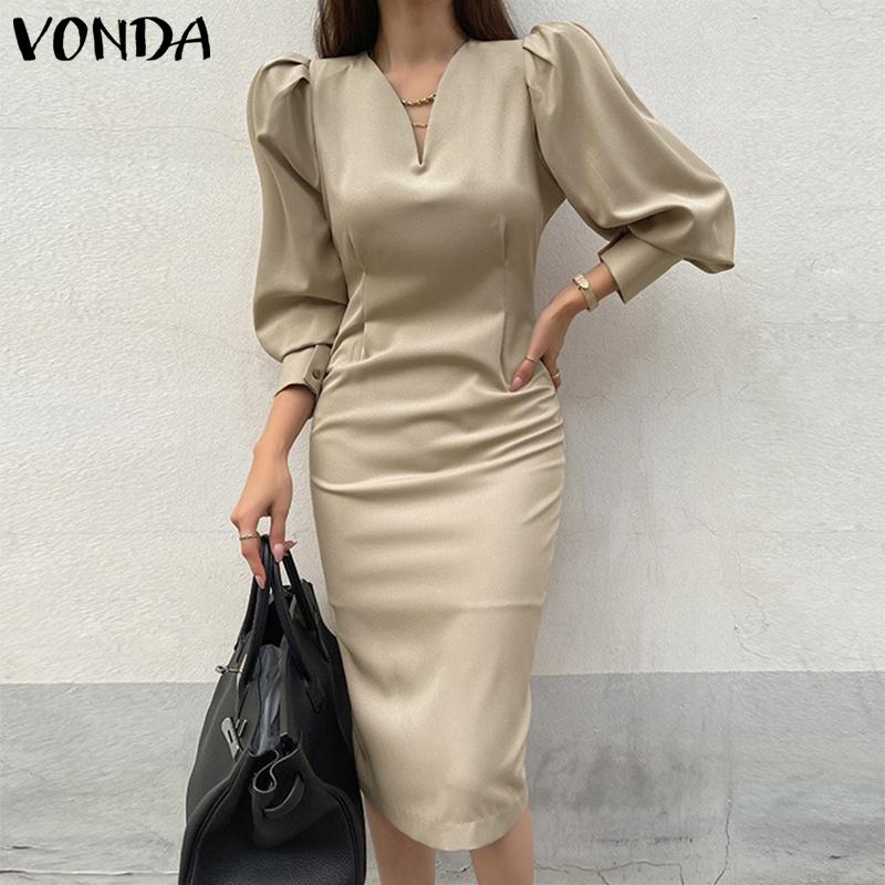 

Женские однотонные длинные платья VONDA с ​​v-образным вырезом и рукавами-фонариками 3/4, со складками на талии