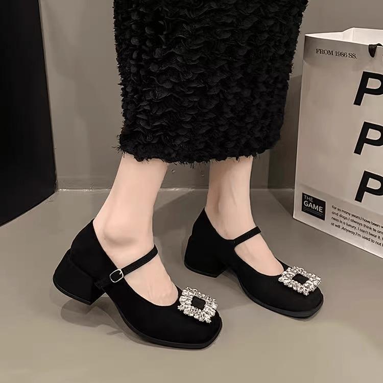 Premium Sense Small Fragrant Style Mary Jane Single Shoes French Rhinestone High Heels Retro Loafers Spring and Summer Korean Version Women's Shoes