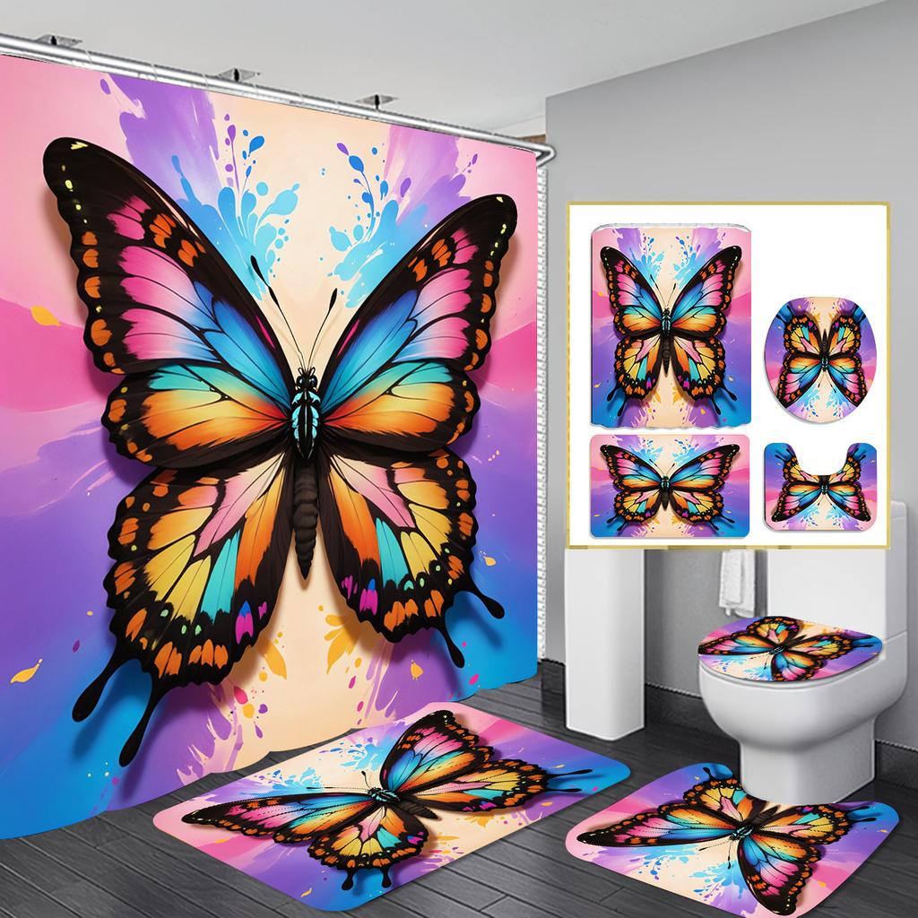 Christmas Shower Curtain Four-Piece Non-Punching Partition Curtain Digital Printing Bathroom Decoration Curtain