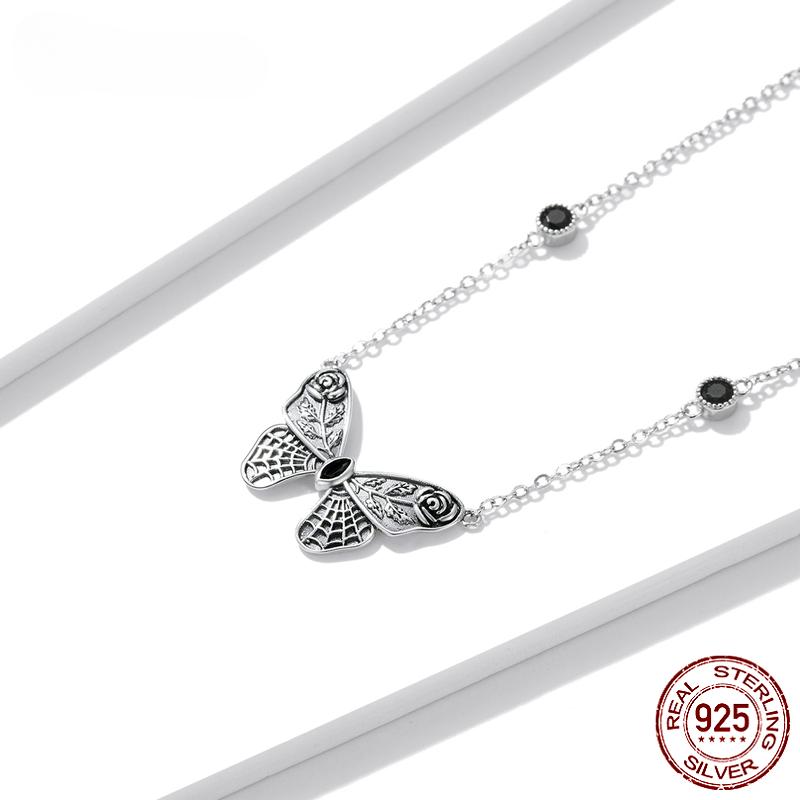 Silber Vintage Dark Gem Big Butterfly Halskette für Frauen 925 Sterling Silber Schmuck Ball Party Halloween Geschenk Halsband