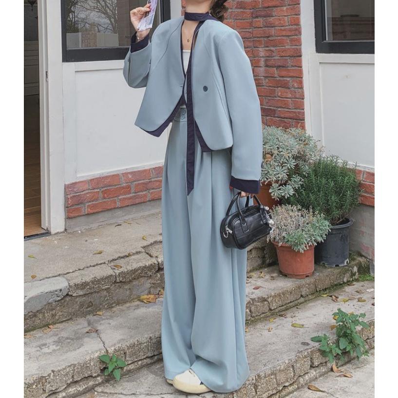 Blue contrasting color splicing suit suit women s spring 2026 new small popular commuter wide-leg pants two-piece set S