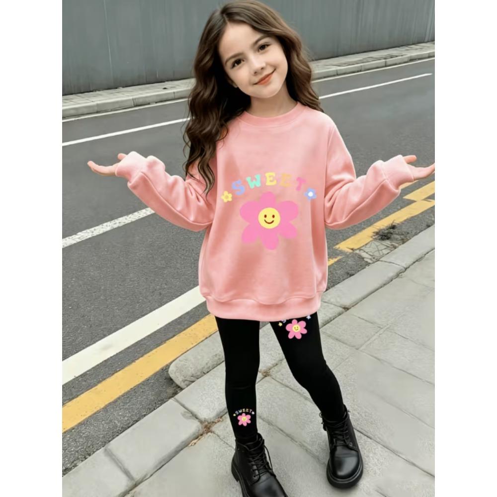 Girls' Smiley Flower Casual Comfortable Soft Loose Pullover Sweatshirt and Leggings 2-Piece Set, New Autumn/Winter, Playful, Sweet and Cool Style