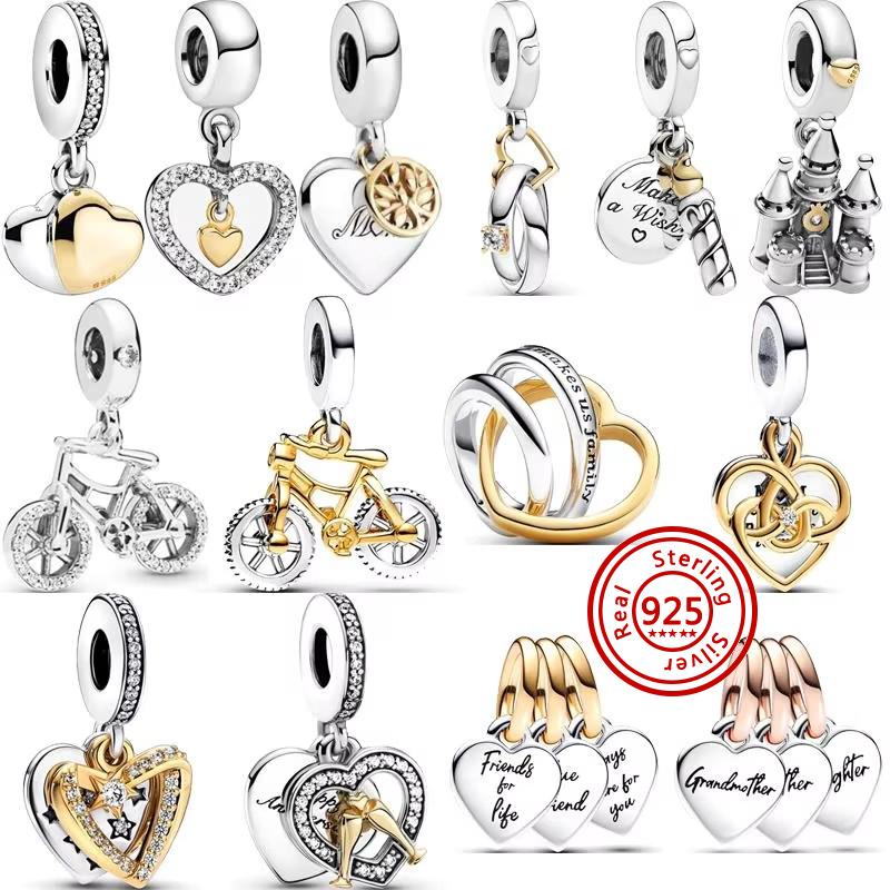 Fit Original Pantaro Charms Bracelet 925 copper Two-tone Heart Ring Mom Tree Bicycle Star Castle Candle Golden Beads DIY Zircon