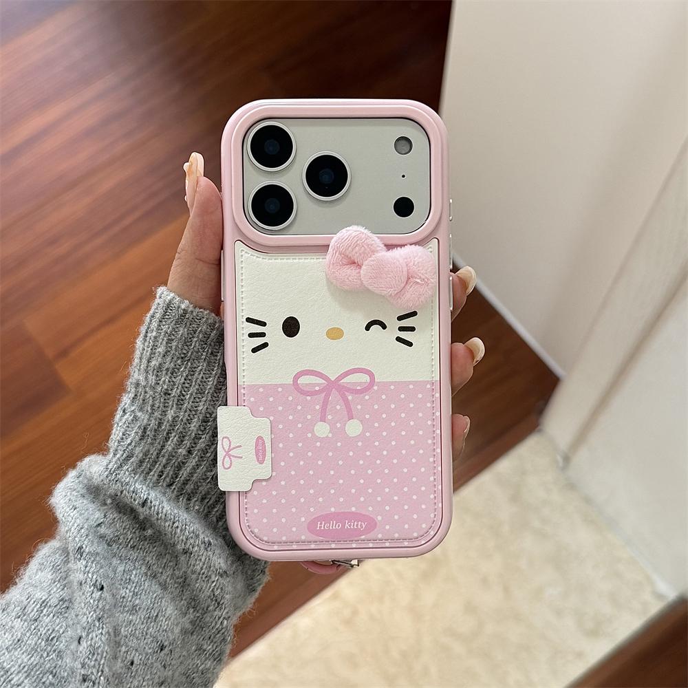 NEW Pink Candy Leather Cute Mini Sanrio Hello Kitty Case For iPhone 17 16 15 14 Pro Max Winter Warm Shockproof Wrist Strap Cover