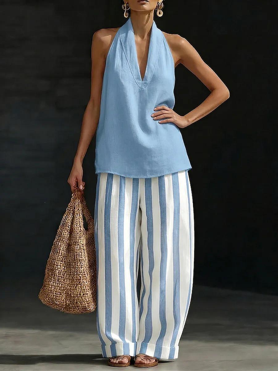 2026 Summer Linen Halter Top & Striped Wide-Leg Pants Women s Casual Set M небесно-голубой