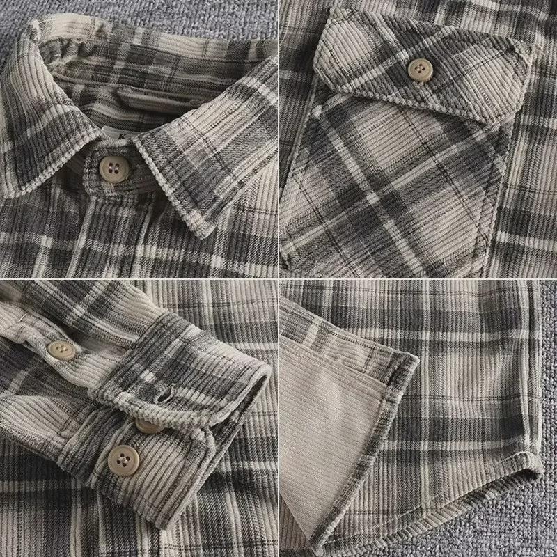 Men's Classic Plaid Corduroy Shirt - Retro Khaki, Long Sleeve, Spring/Autumn Comfort