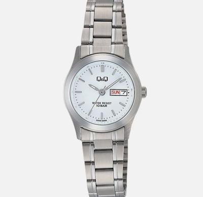 Citizen Analog Stainless Steel Date and Day Metal White Silver Q&Q Women's Watch, Model, Waterproof, Display, Band, Dial, W473-201,