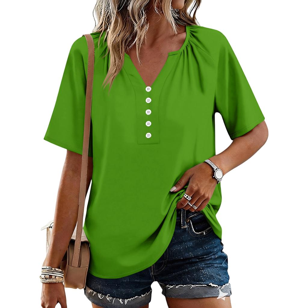 Modisches Lässiges Damen Oberteil mit Knopfleiste und V-Ausschnitt, kurzärmlig