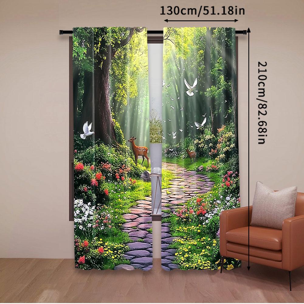 2Pcs Funny Deer Forest Green Leaves Curtain Perfect For Living Room Game Room Bedroom Kitchen Multi Scene Decorative Home Decor