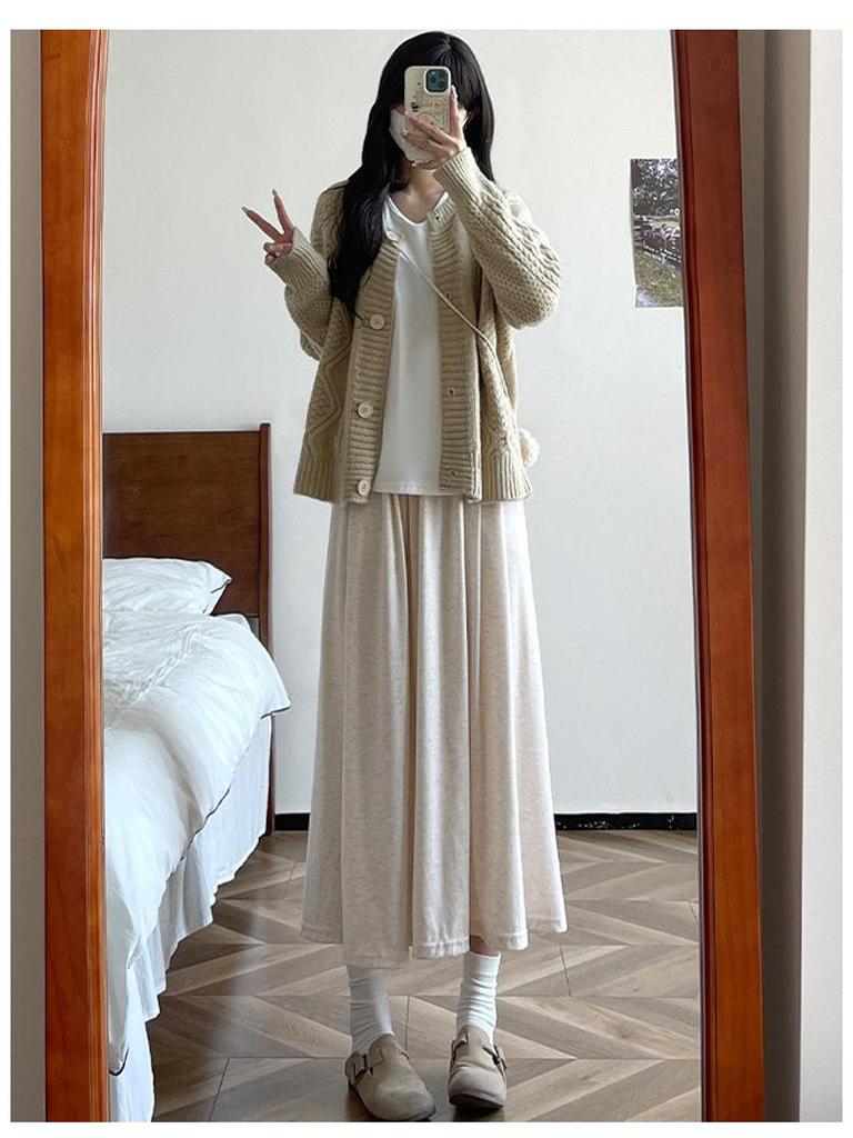 Deep Gray Early Autumn A-Line High-Waisted Skirt: Women's Casual Draping Slimming Skirt