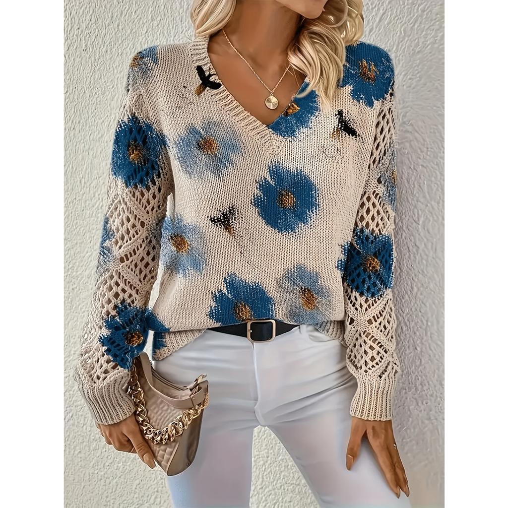 Elegant Autumn and Winter, Bohemian, Western-style Versatile Pullover V-neck Long Sleeved Women's Top, Trendy Women's Knitted Sweater