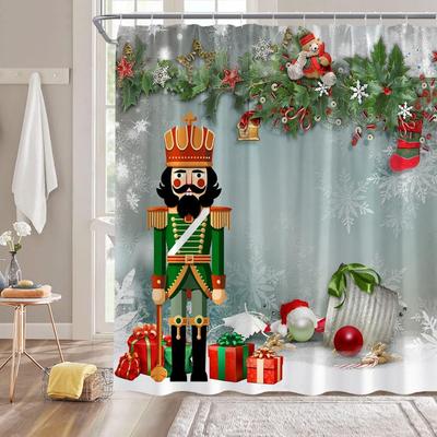 Funny Nutcracker Christmas Shower Curtain with Green Pine Twig Snowflake Pattern,  Winter Holiday Bathroom Decor for Festival