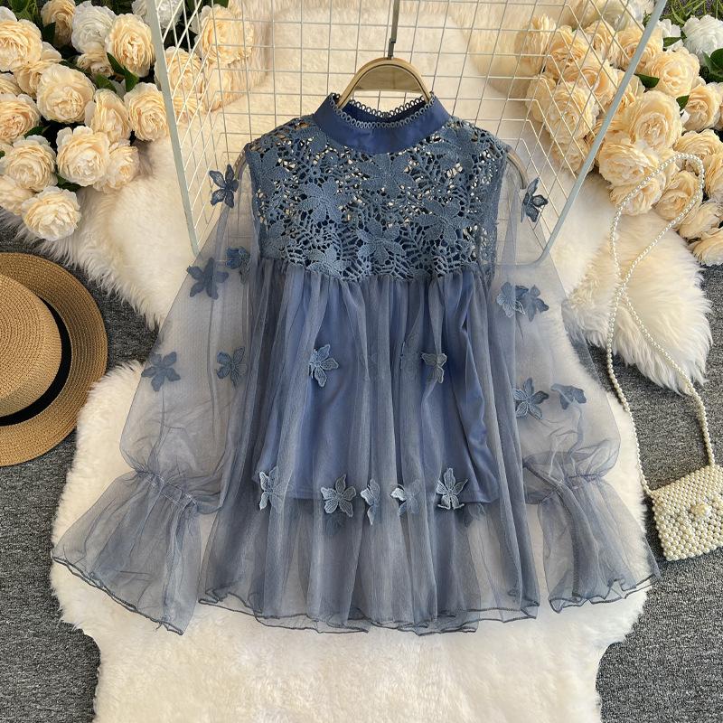 

YYFS Женская мода Повседневная весна-осень Однотонные принты Длинные рукава О-образный вырез Блузки и рубашки One Size синий