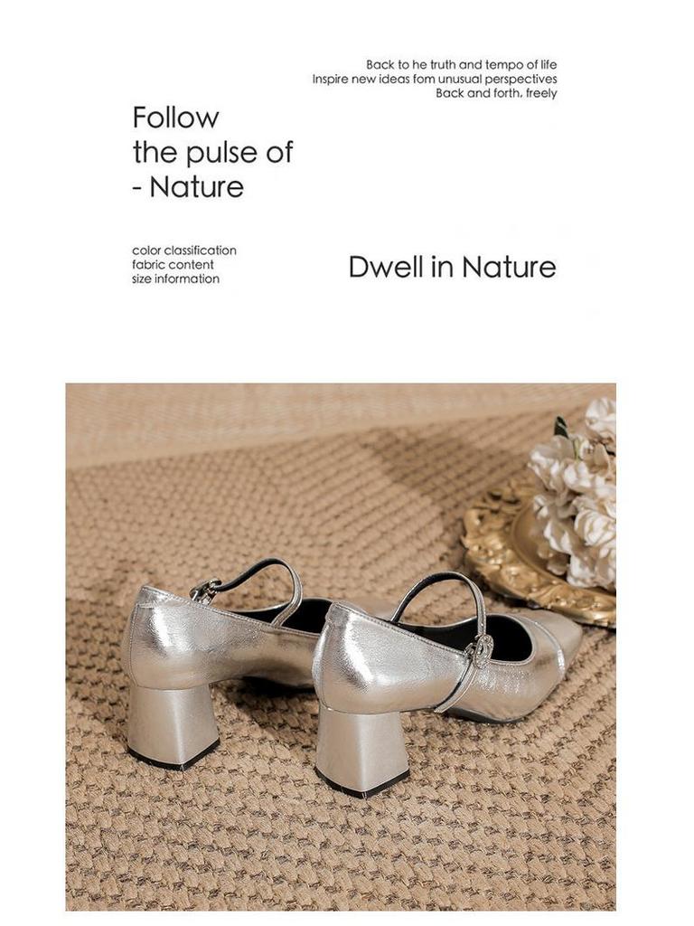 Silver Mary Jane High Heels: Women's Square Toe Retro Chunky Heel One-Strap Shoes for Spring and Autumn.