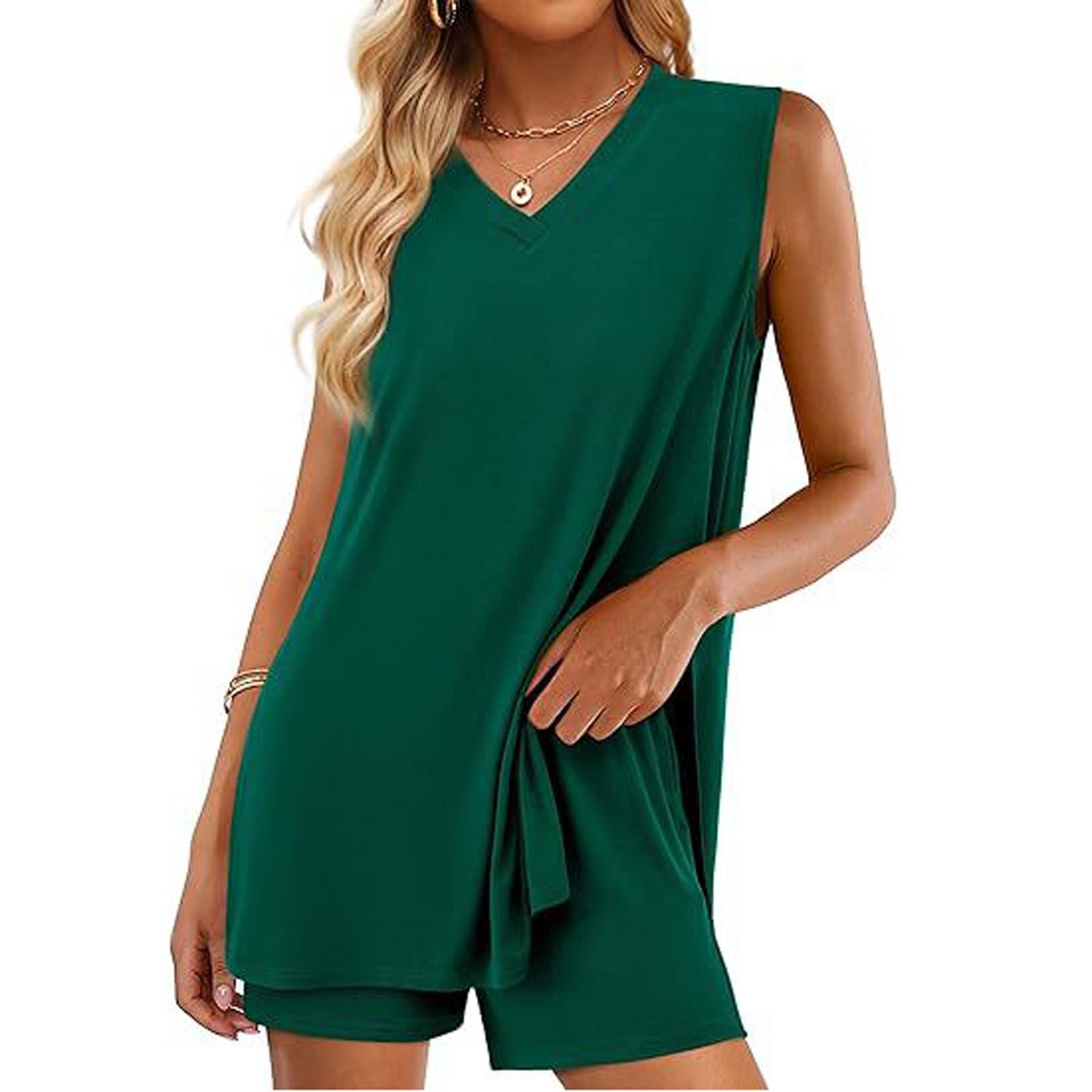 

Женский модный повседневный топ с V-образным вырезом без рукавов и шорты с карманами, комплект XXL армия зеленый